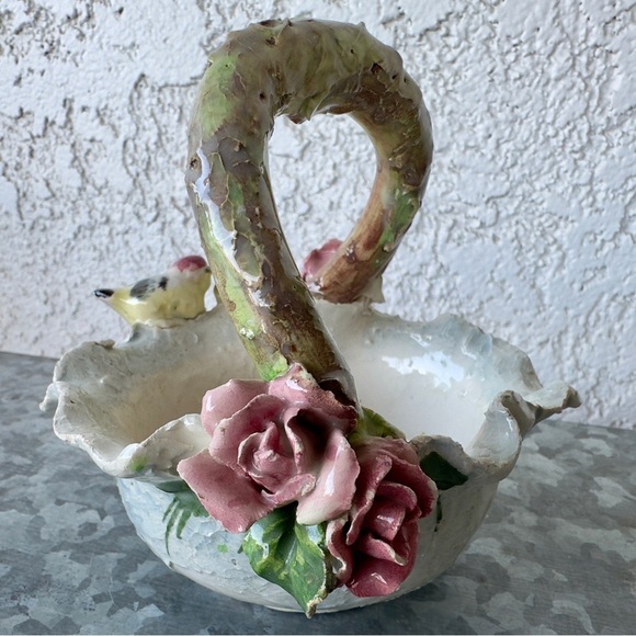 Vintage Mid-century Italian Capodimonte Style Porcelain Basket w/ Roses & Bird - Picture 2 of 12